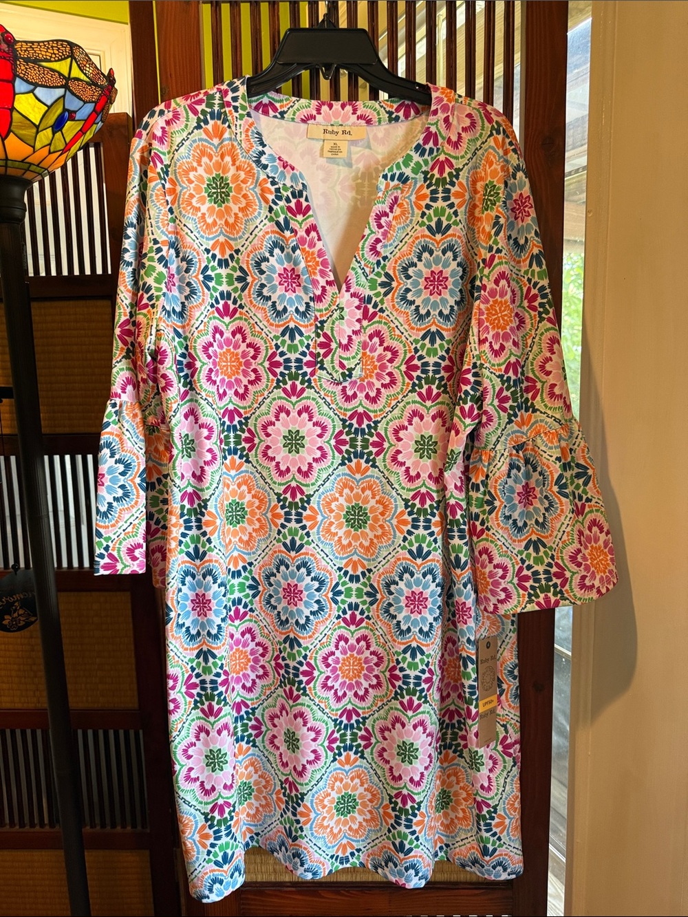 Ruby Rd. Floral Medallion V-Neck Shift Dress in Pink, Orange, Blue, Green, Cream